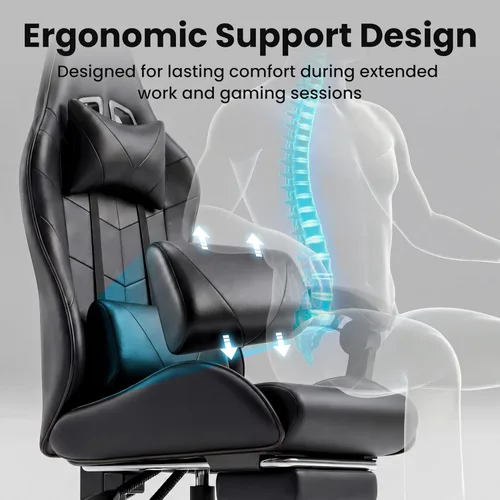 Vista 5 de Silla de juego, reposapiés ergonómico, lumbar y reposacabezas Negro