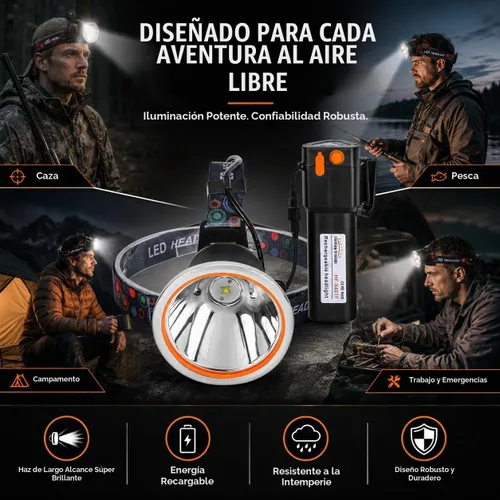 Vista 2 de Luces de caza de mapache recargables de alta potencia – Super brillante linterna frontal impermeable de LED, linterna de cabeza con haz ajustable