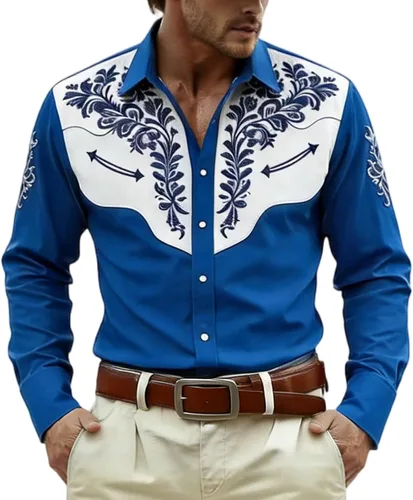 Vista 12 de Camisas occidentales para hombre, manga larga, con solapa bordada, color negro, vestido de festival para hombres, ropa vaquera, ropa floral