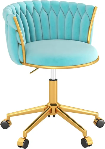 Vista 9 de Silla de oficina en casa tejida de terciopelo, moderna silla de escritorio giratoria con ruedas, silla de tocador ajustable en altura con base
