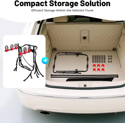 Vista 4 de Soporte de bicicleta de coche para 3 bicicletas, con correas ajustables para maletero, se pliega para almacenamiento, compatible con la mayoría