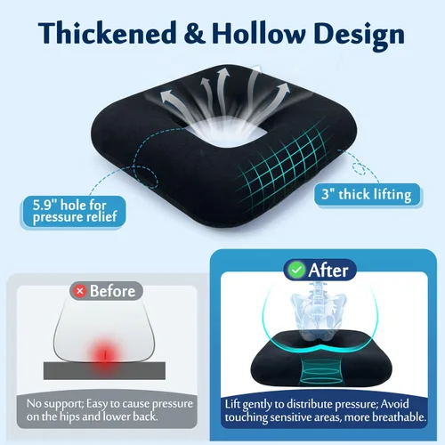 Vista 4 de AOSSA Almohada de dona para aliviar el dolor de coxis, cojín de glúteos para sentarse prolongadamente, llagas de cama y hemorroides - Cojín