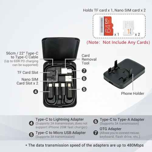 Vista 2 de Tarjeta de Cable Multifuncional Compacta con Cable USB-C de 22" y Kit de Adaptador USB A/Micro-USB/Lightning/OTG, Caja de Almacenamiento