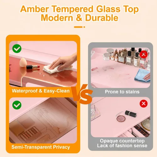 Vista 6 de Escritorio de tocador de maquillaje con espejo y luces, parte superior de Rosa