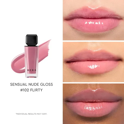 Vista 2 de HERA Brillo labial sensual tono nude #102 FLIRTY [Presentado en JUST MAKEUP] Acabado voluminizador, ligero y brillante, no pegajoso, hidratante