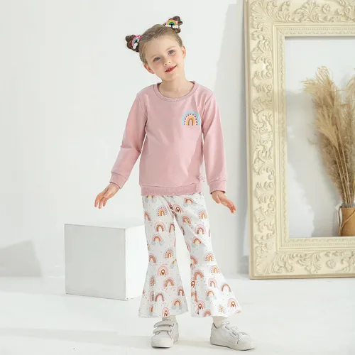 Vista 2 de YOUNGER TREE Conjunto de ropa para niña pequeña, camiseta de manga larga, pantalones de arcoíris, conjunto de pantalones, ropa de bebé para otoño e