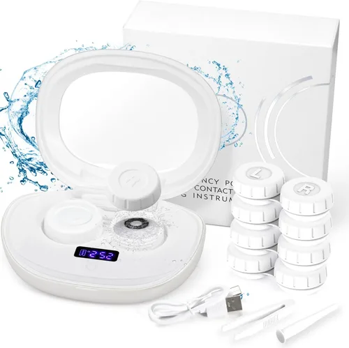 Vista 11 de Limpiador de lentes de contacto, máquina de limpieza ultrasónica portátil de lentes de contacto con cargador USB, pantalla de temporizador LED y kit