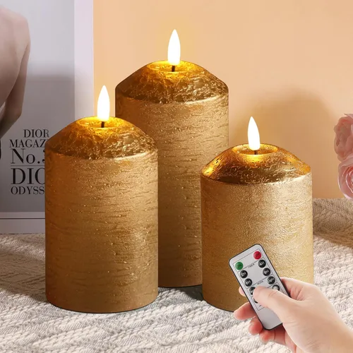 Vista 11 de Velas de pilar sin llama rosa con control remoto, velas LED parpadeantes de cera a pilas, juego de 3 Flickering LED Candles, 2 AA Battery