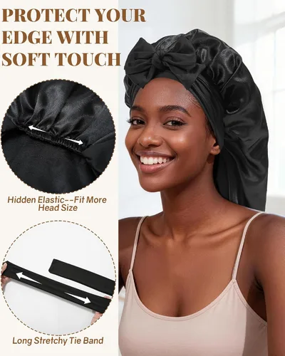 Vista 4 de AWAYTR - Gorro de satén para trenzas y cabello largo durmiendo para mujeres Long Satin Sleep Cap With Adjustable Tie Band, Protecting Braids Curly