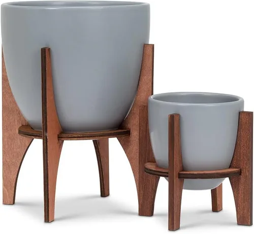 Vista 3 de Abbott Colección Maceta pequeña con soporte de madera, gris, 4" de alto (27-Noruega-SM)