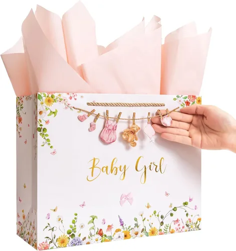 Vista 9 de Crisky Bolsa de regalo grande de 13" para niño con papel de seda, tarjeta de regalo y lazo para decoración de baby shower y cumpleaños de niño