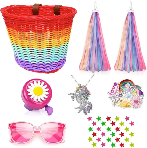 Vista 8 de Cesta de bicicleta para manillar para niñas con collar de unicornio, campana, serpentinas, cuentas de rueda, lentes de sol, calcomanías, juego