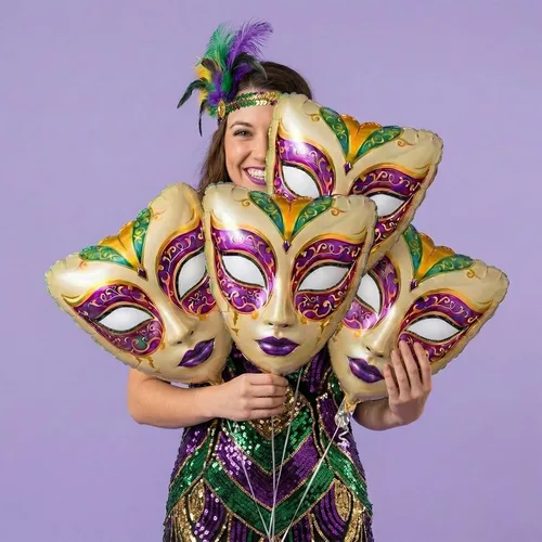Vista 8 de Globos de Mardi Gras grandes de máscara de papel de aluminio para decoraciones de fiesta de Fat Tuesday divertidas y magníficas, suministros