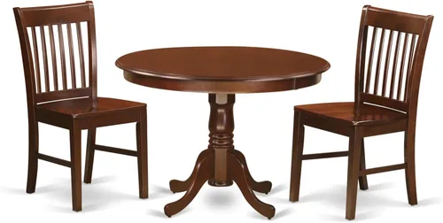 Vista 8 de East West Furniture HLNO3-BCH-W Juego de mesa y sillas de cocina de 3 piezas contiene una mesa de comedor redonda con pedestal y 2 sillas