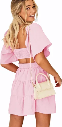 Vista 4 de Senllen Vestidos de verano para mujer 2025 de manga corta con cuello cuadrado, mini vestido cruzado con cintura elástica, vestido casual de fiesta