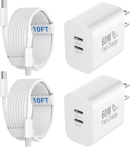 Vista 20 de Cargador para teléfono 15/16/17 Pro Max de carga rápida, bloque de carga USB C de doble puerto de 20 W con cable de carga USB C a C de 6.6 pies