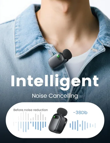 Vista 4 de Mini micrófono de solapa inalámbrico para iPhone y Android, micrófonos de clip dual con funda de carga de 30 horas, cancelación de ruido
