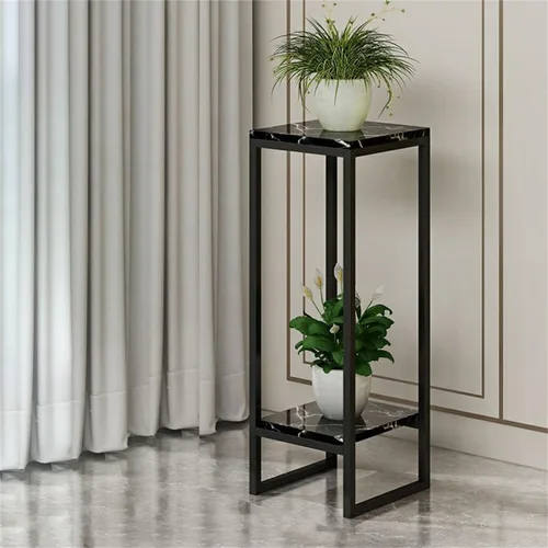 Vista 14 de Mesa cuadrada simple de madera de varios niveles con estante de almacenamiento, soporte para maceta de hierro forjado para sala de estar en Negro