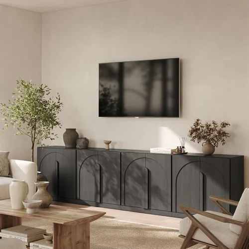 Vista 67 de BELLEZE Centro de entretenimiento modular de 4 piezas con almacenamiento, 2 vitrinas de madera moderna con gabinete arqueado y 2 armarios de puerta