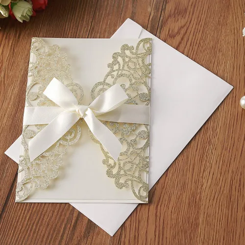 Vista 4 de Hosmsua 20 unidades de invitaciones de boda con flores de 13 x 18,5 cm con purpurina y corte láser con cintas y sobres para boda, despedida