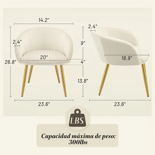 Vista 2 de Boucle - Silla de tocador de maquillaje de terciopelo, moderna silla de escritorio para niñas, sin ruedas, con patas de metal dorado, sillón Beige