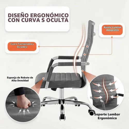 Vista 4 de Furmax Silla de escritorio de oficina acanalada con respaldo medio, silla ejecutiva de piel sintética, silla giratoria ajustable con brazos