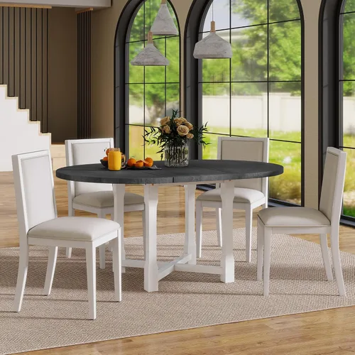 Vista 17 de VilroCaz Juego de comedor funcional retro de 5 piezas, mesa de comedor extensible de madera maciza con una hoja de 16 pulgadas y 4 sillas tapizadas