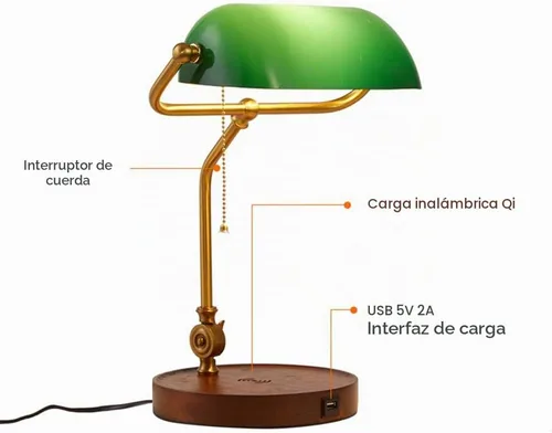 Vista 4 de Hsyile KU300237 Lámpara de mesa retro con interruptor de cuerda con puertos de carga USB, con pantalla de cristal retro verde para sala de estar