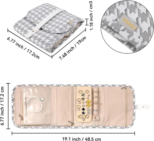 Vista 5 de Voova Estuche organizador de joyas de viaje, pequeña bolsa de almacenamiento de joyas para mujeres y niñas, bolsa plegable de viaje para joyas