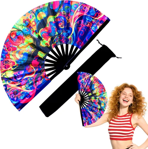 Vista 12 de Abanico de mano grande de 33 cm con luz UV para baile en línea, abanico plegable para botas, actuación, boda, fiesta - Abanico portátil de mano