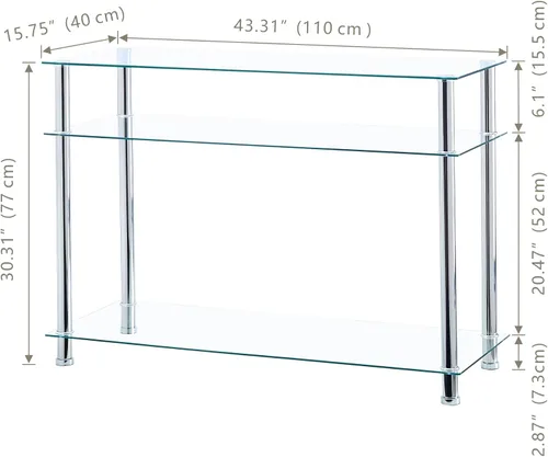 Vista 2 de Mesa consola de cristal plateado para entrada, moderna y cómoda mesa de sofá de vidrio de 3 niveles con patas cromadas, sala de estar, pasillo