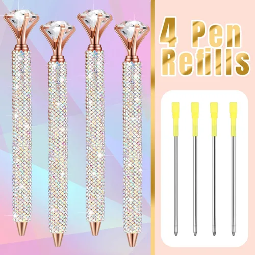 Vista 3 de Lincia 4 bolígrafos con diamantes en la parte superior con bolígrafo de cristal de strass para mujeres, bolígrafo de tinta con recambios
