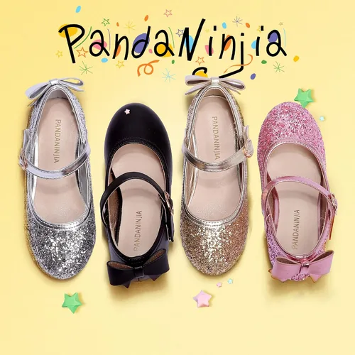 Vista 2 de PANDANINJIA Vestido de jada para niñas y niños pequeños, zapatos de princesa Mary Jane con tacones con lazo para fiesta, boda, boda