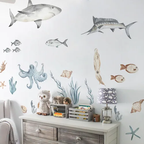Vista 10 de Calcomanías de pared de océano para guardería, calcomanías grandes Marine Animal-a