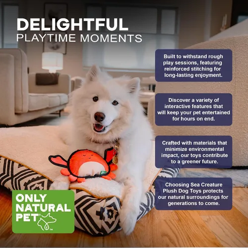 Vista 4 de Only Natural Pet Sea Creatures - Juguetes de peluche reciclados para perros, diseño duradero de doble costura con chirriador interno, pinzas