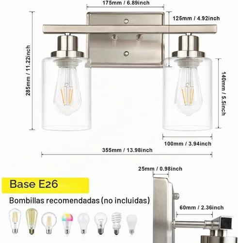 Vista 6 de Ascher Apliques de pared de 2 luces, moderna lámpara de tocador con pantalla de vidrio transparente, lámpara de pared de níquel cepillado