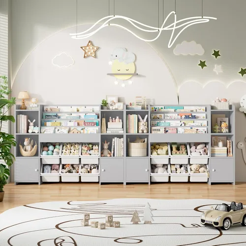 Vista 9 de FINETONES Organizador de almacenamiento de juguetes con 6 cubos de juguetes, organizador de juguetes para niños con 6 cubículos, organizadores