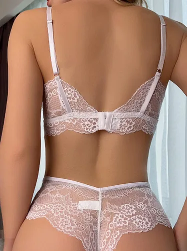 Vista 4 de Conjunto de lencería de encaje para mujer, conjunto de 2 piezas de brasier y bragas sexy