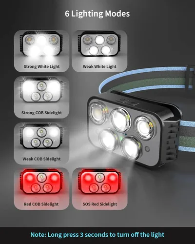 Vista 3 de Linterna frontal recargable, 400 lúmenes, con sensor de movimiento súper brillante, linternas de cabeza impermeables con luz blanca y roja, 6 modos