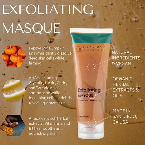 Vista 3 de RD Alchemy - Mascarilla de tratamiento exfoliante natural y orgánico, máscara facial de enzima de calabaza y papaya con glicólico exfoliante y otros