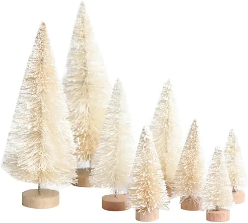 Vista 3 de 8 mini árboles de Navidad, árboles artificiales con base de madera, árboles de Navidad en miniatura de mesa con 4 coronas pequeñas de Navidad