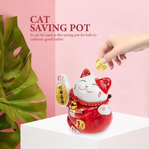 Vista 2 de Tofficu Adorable banco de monedas de cerámica roja de gato de la suerte, decoración de Feng Shui, bonita decoración de habitación, gato chino