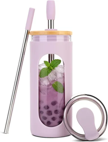 Vista 23 de Sursip - Vaso de vidrio de 20 oz con tapas y popotes, taza de café helado reutilizable de vidrio de borosilicato con tapa de bambú para batido, jugo