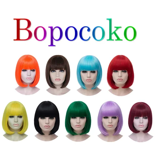 Vista 7 de Peluca de pelo corto Bob con flequillo recto sintético peluca natural como pelo real 12 pulgadas Natural Fashion Synthetic Wig, Cute Colored Wigs