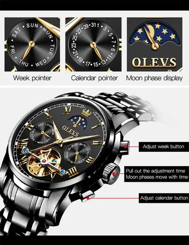 Vista 7 de OLEVS Relojes automáticos de cuerda automática para hombre, fecha y día, calendario, relojes de acero inoxidable, movimiento esquelético