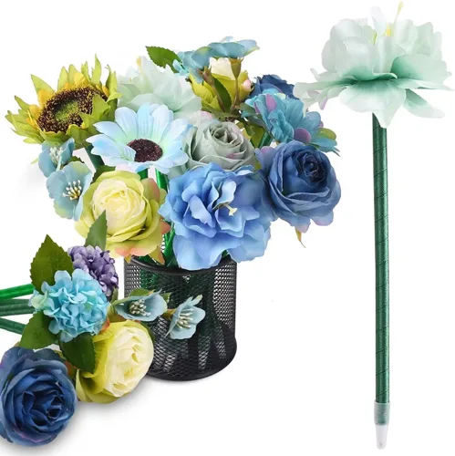 Vista 2 de Leery Bolígrafos de flores para adultos – Juego de 16 bolígrafos mezclados con rosas azules, elegante accesorio de escritorio y regalo para ella