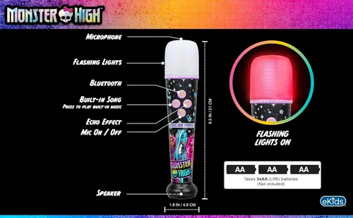 Vista 3 de eKids Monster High - Micrófono de karaoke para niños, micrófono Bluetooth que incluye música integrada y espectáculo de luces, diseñado