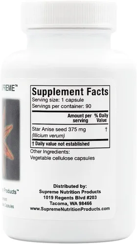 Vista 3 de Supreme Nutrition Illicium, 90 cápsulas vegetarianas de anís estrellado puro