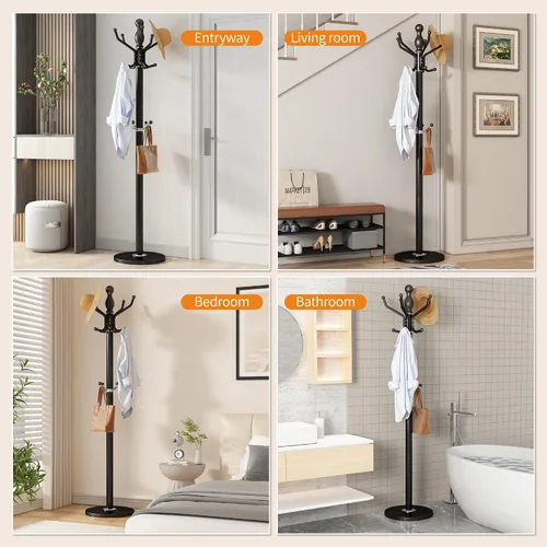 Vista 8 de Perchero de metal con rotación de 360°, color negro Modern Coat Rack with 360° Rotary Design Sturdy Heavy Duty Hall Tree Hats Hanger Holder Stand