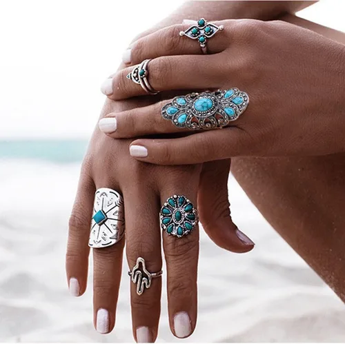 Vista 3 de LadayPoa Anillos vintage azul turquesa para mujer, anillos largos de flores gruesas, anillo de dedo bohemio retro grande, accesorios de joyería punk